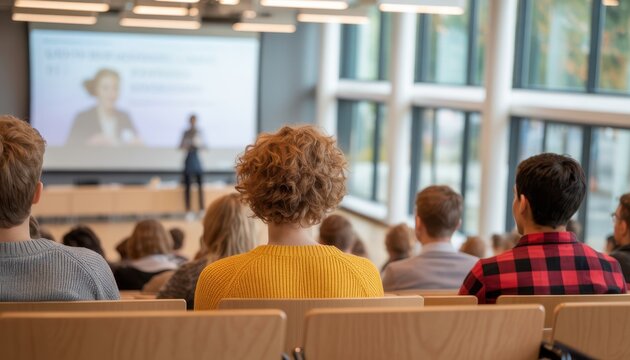Group of People Meet During Education Session. Students Listen to Teacher's Presentation During Seminar at Speaker Development Meeting. University Classroom Presenter to Graduate Students. MBA Phd