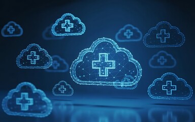 Secure Healthcare Data Network with Glowing Cloud Icons on a Blue Digital Infrastructure Background