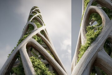Unique spiral tower design featuring greenery and modern architecture in an urban environment