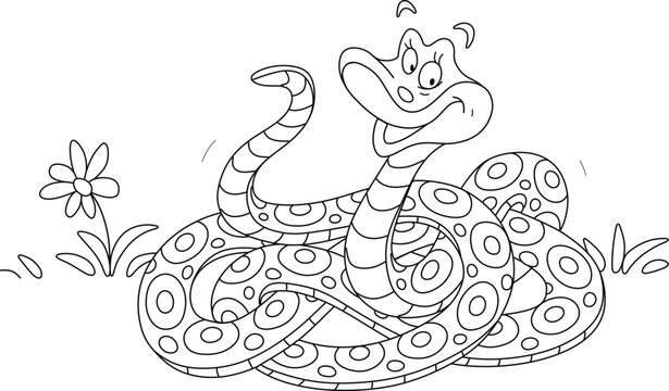 Funny spotted snake coiled in grass and friendly smiling, black and white vector cartoon illustration for a coloring book