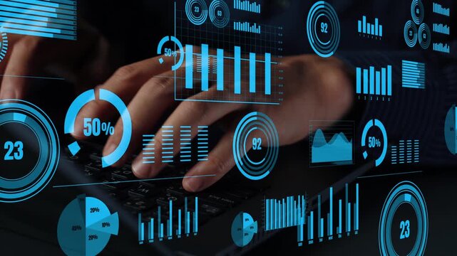 A close-up view of hands typing on a laptop, surrounded by modern digital data visualizations and statistical graphs, highlighting business analysis and technology impact. Xenic