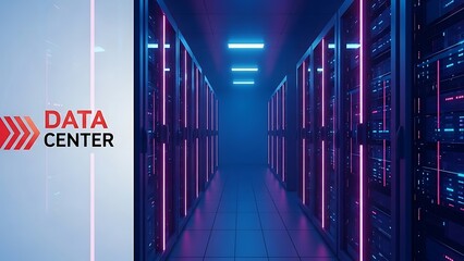 Data center. abstract digital warehouse. Server room of clouds computing technology. Server farm communication with internet. Network connection and information exchange lights glow in the dark.