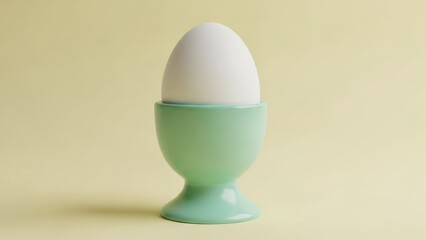 White egg in a green egg cup against a pale yellow background