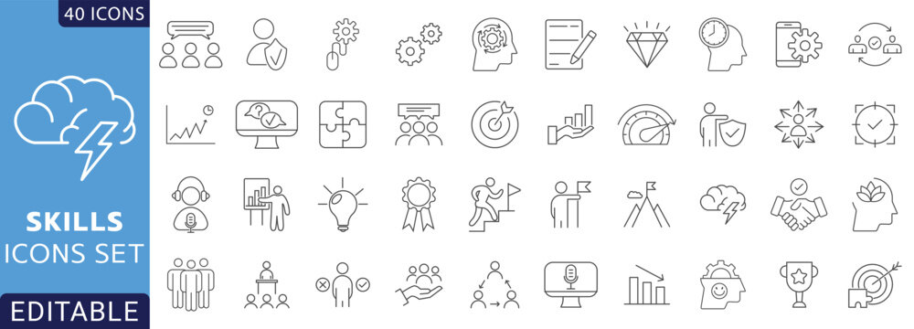 Skills line icon set.  assertiveness, Containing communication, empathy, problem-solving, creativity, punctuality, work ethics, etc . Fully Editable . Vector illustration.