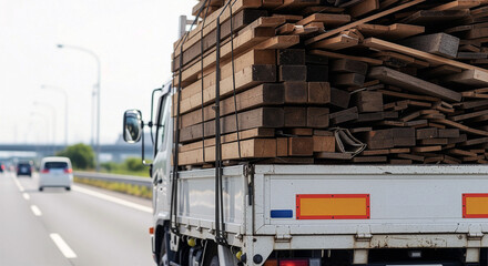 過積載の接写とコピースペース（廃材を積んだ解体業者のトラック）