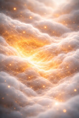 Dreamy abstract cloud background with warm golden glow and sparkling bokeh particles, soft focus heavenly sky, luminous mist and copy space for holiday banner, luxury design, wallpaper.