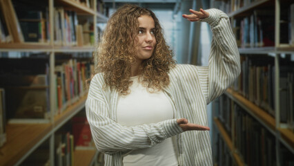 Woman with curly hair presenting with palm up and raised hand between bookshelves in a library building, wearing striped cardigan and white top  curiosity. © Krakenimages.com