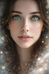 Ethereal close-up beauty portrait of a young Caucasian brunette with green eyes, dreamy soft light and bokeh sparkles, natural makeup&mdash;ideal for skincare, cosmetics, glamour ads.