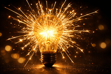 Glowing light bulb with golden sparks and bokeh on dark background, innovation/idea concept, dramatic macro lighting, high resolution, copy space for banner, ads, web header, branding.