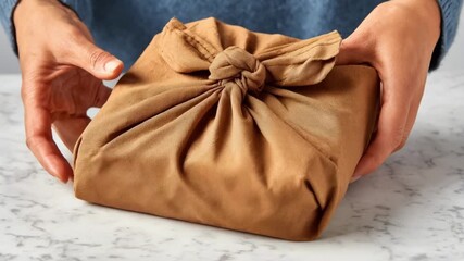 Closeup medium shot of a reusable fabric pouch being secured around a book emphasizing zero waste and durability in sustainable wrapping.