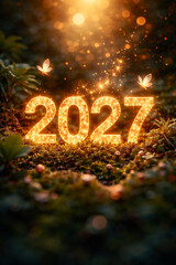 Glowing gold 2027 New Year numbers in a magical forest with sparkles, bokeh lights and butterflies; luxury festive vertical background with copy space.