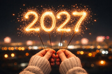 2027 New Year sparkler numbers held in hands over blurred city lights, festive bokeh background, holiday celebration banner with copy space, night party greeting.