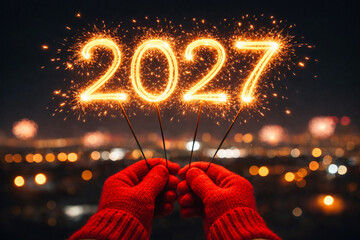 2027 sparkler numbers in red knit gloves against night city bokeh lights. Festive New Year celebration background with copy space for holiday greeting card or banner design template, hi-res.