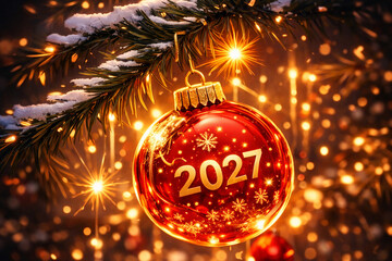 Red Christmas bauble with gold "2027" hanging on snowy pine branch, warm golden bokeh lights and sparkles. Luxury New Year banner background for web header and ads, copy space, high-res, 4K.