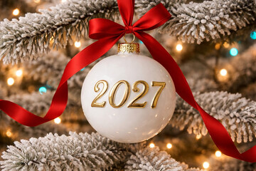 White Christmas bauble with gold &ldquo;2027&rdquo; and red ribbon bow on frosted pine branches with warm bokeh lights. New Year holiday greeting card banner, copy space, high-res.