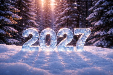 Glowing ice &ldquo;2027&rdquo; numbers on fresh snow in snowy pine forest with falling snow and warm sunrise light. Winter New Year greeting card background, copy space, high-res.
