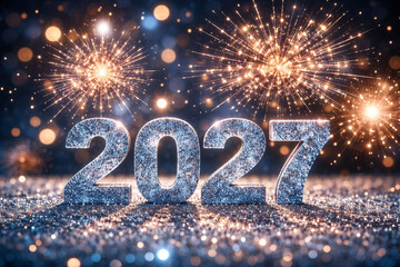 Happy New Year 2027 glitter numbers with fireworks and festive bokeh on blue background. Luxury celebration banner for greeting card, web header or social media, copy space, high-res.