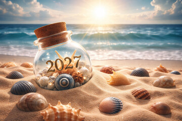 2027 New Year concept: glass message bottle with cork on sandy beach, seashells and starfish, ocean sunrise and waves. Travel holiday background, copy space, high-res.