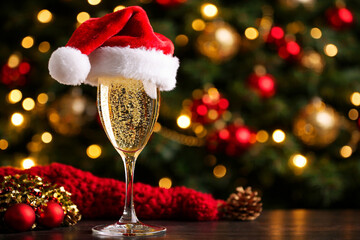Champagne flute with Santa hat and sparkling bubbles on table, Christmas tree bokeh lights and red ornaments. Cozy New Year holiday background, copy space, high-res.