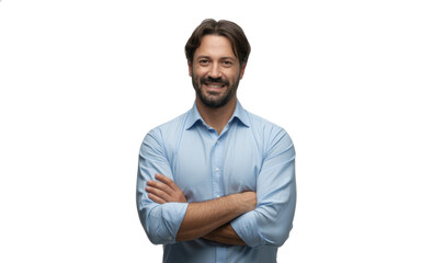 Handsome smiling business man in blue shirt standing with crossed arms, isolated on white background. High quality 
