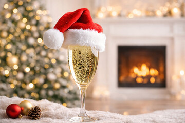 Champagne flute with Santa hat, sparkling bubbles on fluffy snow blanket, cozy fireplace and Christmas tree bokeh lights. Holiday New Year banner, copy space, high-res.