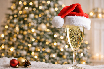 Champagne flute with Santa hat on fluffy snow blanket, sparkling wine bubbles, Christmas tree bokeh lights. Cozy holiday background for New Year, copy space, high-res.