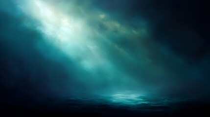Obraz premium Dramatic Light Rays Piercing Through Dark Teal Clouds Over Water Surface sunbeams god rays photo