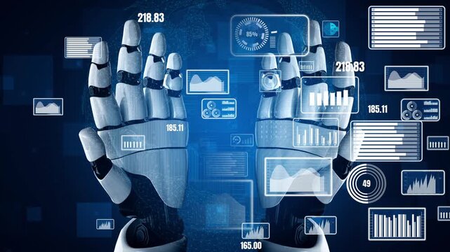 Robotic hands interact with dynamic data visualizations and graphs in a modern tech setup, showcasing the seamless blend of technology and information analytics. Xenic
