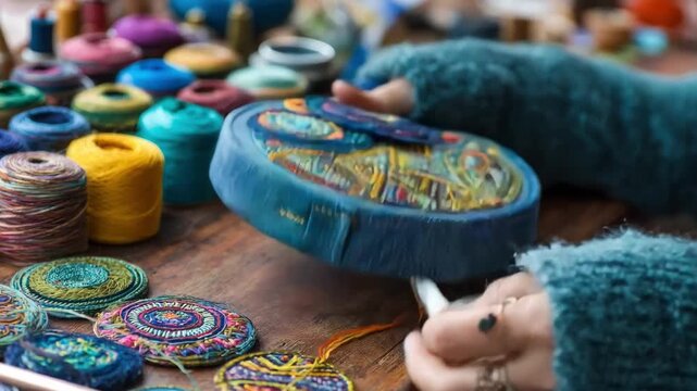 Creative hands stitching colorful patches with intricate designs on denim fabric in a cozy craft room filled with vibrant threads