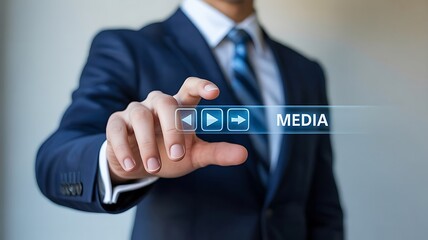 Businessman Interacting with Media Playback Interface