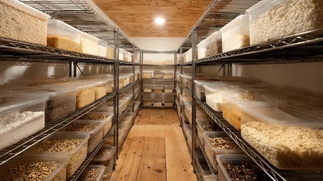 Medium view of a growth room with shelves of various spawn substrates like grain and sawdust highlighting different methods in mushroom farming