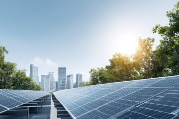 Solar panels in modern city under bright sunlight with clear blue sky and green trees