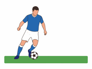 Obraz premium Football player in blue and white kit dribbling ball