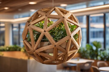 Stylish wooden hanging planter filled with green plants in a modern interior space during daytime