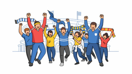 Enthusiastic supporters cheering with scarves and blue flags