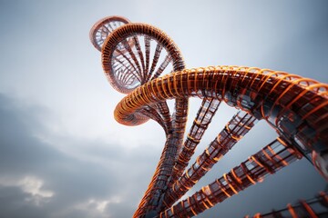 Unique spiral structure designed with intricate patterns rises against a cloudy sky, showcasing modern architectural innovation