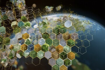 Visual representation of sustainable ecosystems merging with technology over a globe view