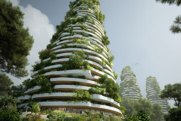 Modern green skyscrapers with layered gardens surrounded by trees in a serene urban landscape