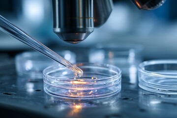 Laboratory work with a microscope and pipette during scientific research on cell cultures in a modern facility