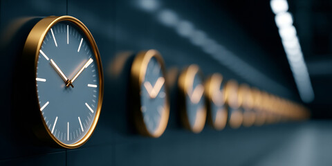A row of gold clocks on a wall with the closest one showing that it is almost ten to nine o'clock