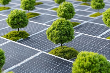 Solar panels and trees growing together in a sustainable energy farm environment
