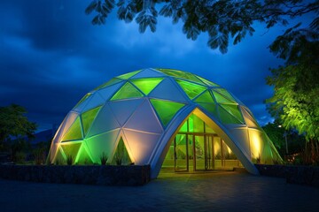 Modern geometric structure glows green under twilight sky in outdoor setting