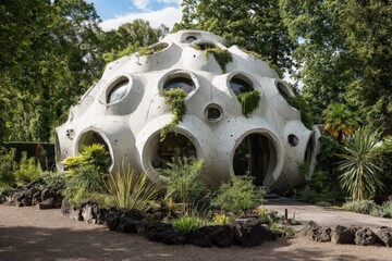 Unique modern architecture features round shapes and greenery in a serene garden setting
