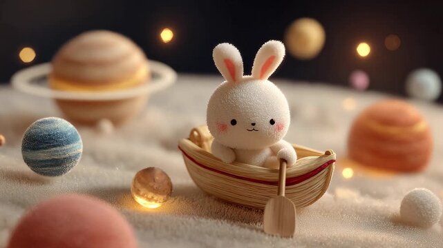 Happy Plush Bunny in Hot Dog Boat Among Glowing Planets, A cheerful plush bunny sits in a hot dog boat
