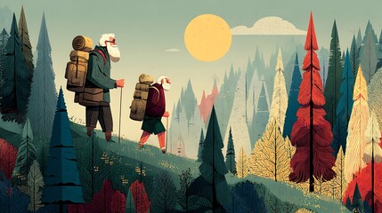 Two Elderly Men with Beards Hiking Through a Stylized Forest Landscape trekking backpacking photo