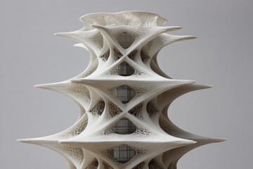 Modern architecture showcases intricate 3D printed design in urban exhibition space during a sunny day in spring