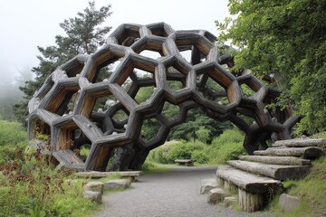 Unique wooden hexagonal structure in a green park surrounded by fog
