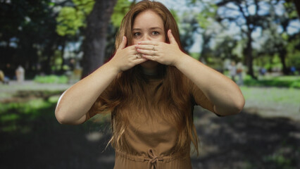 Naklejka premium Woman covers mouth with hands in a lush green park on a sunny day with blurred trees and grass around; quiet.