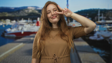 Young caucasian woman smiling and making peace sign with hand on sunny seaside dock by boats; happiness.