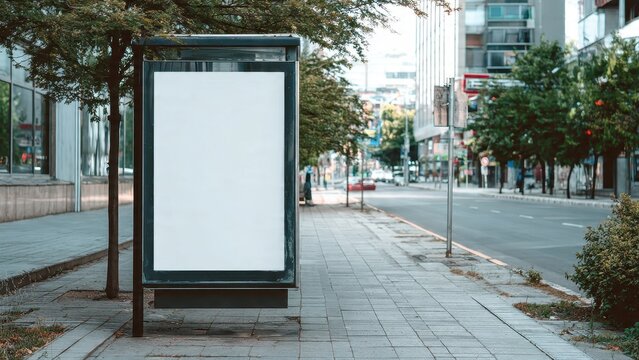 White advertising billboard mockup on urban street sidewalk, near green trees. Vertical outdoor poster display template for commercial product promotion or OOH media campaigns.